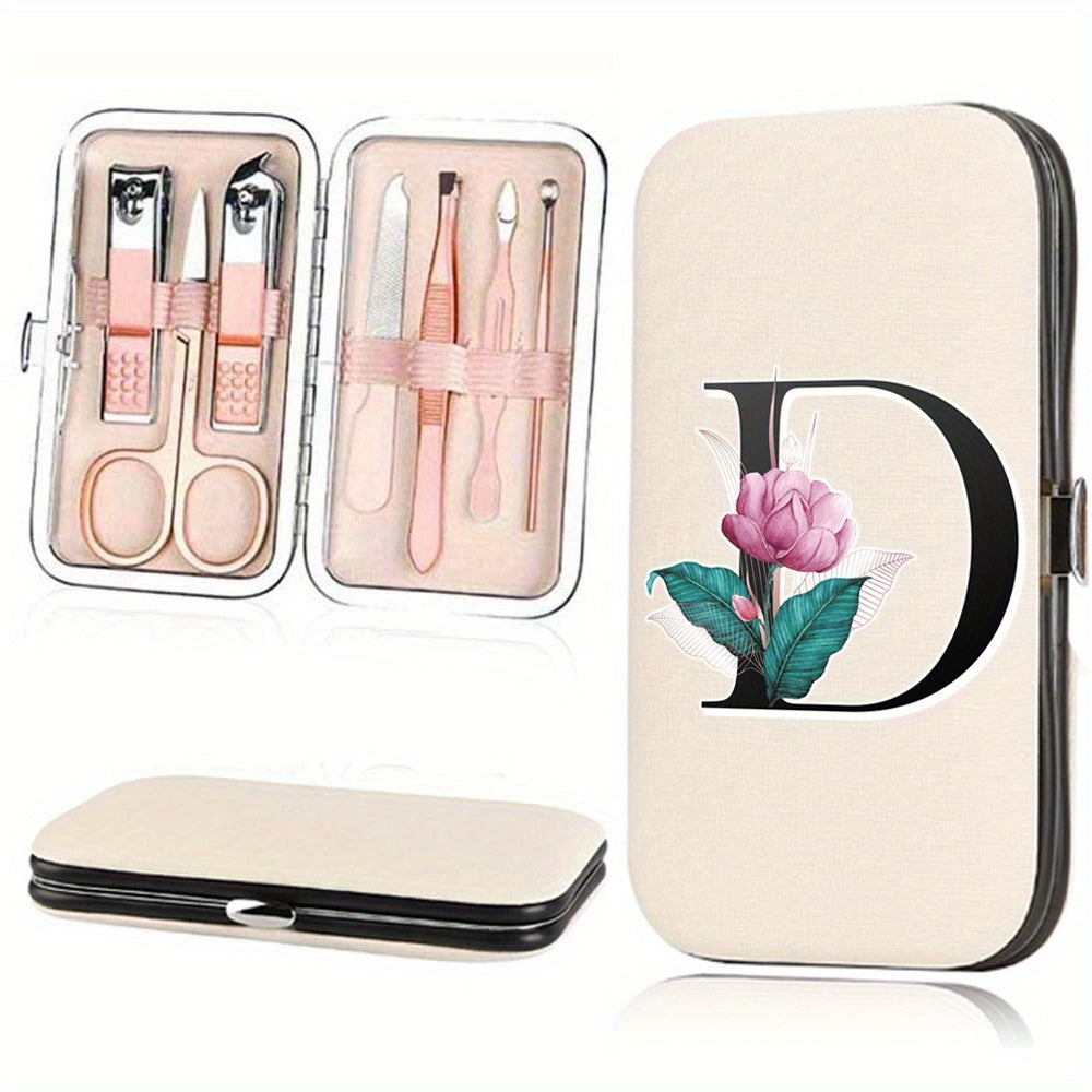 7-Piece Stainless Steel Nail Care Set with Faux Leather Organizer and White Marble Initial Design