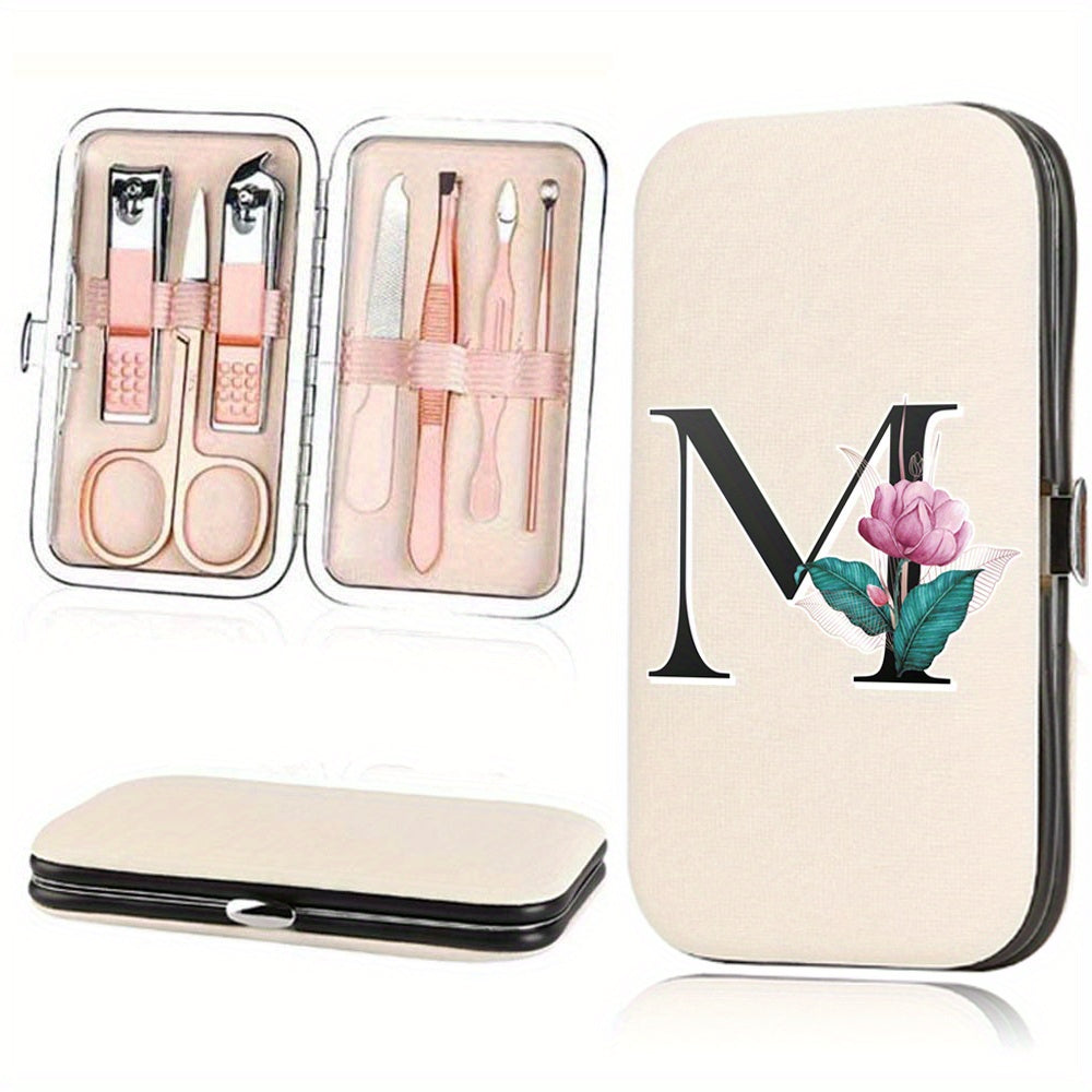 7-Piece Stainless Steel Nail Care Set with Faux Leather Organizer and White Marble Initial Design