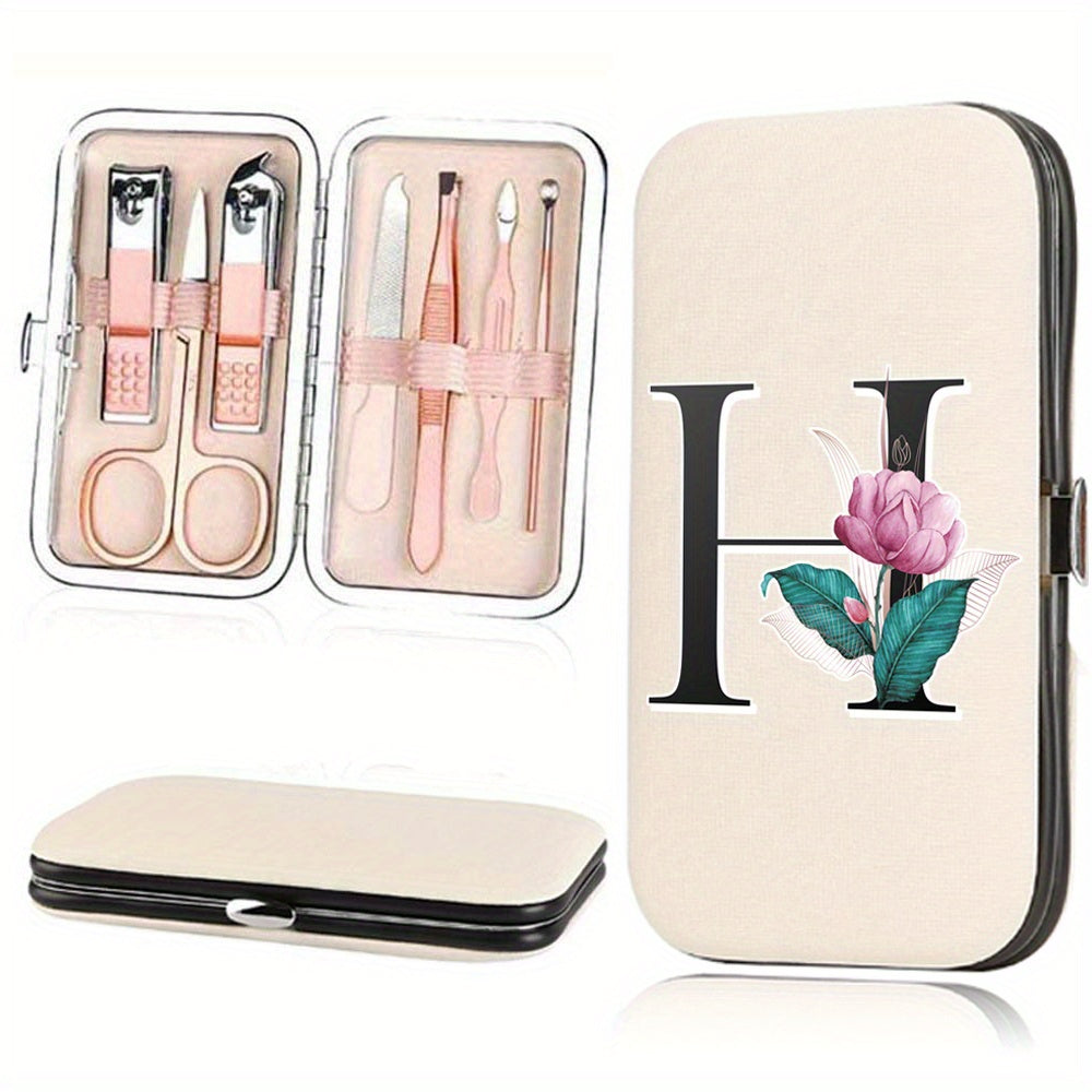 7-Piece Stainless Steel Nail Care Set with Faux Leather Organizer and White Marble Initial Design