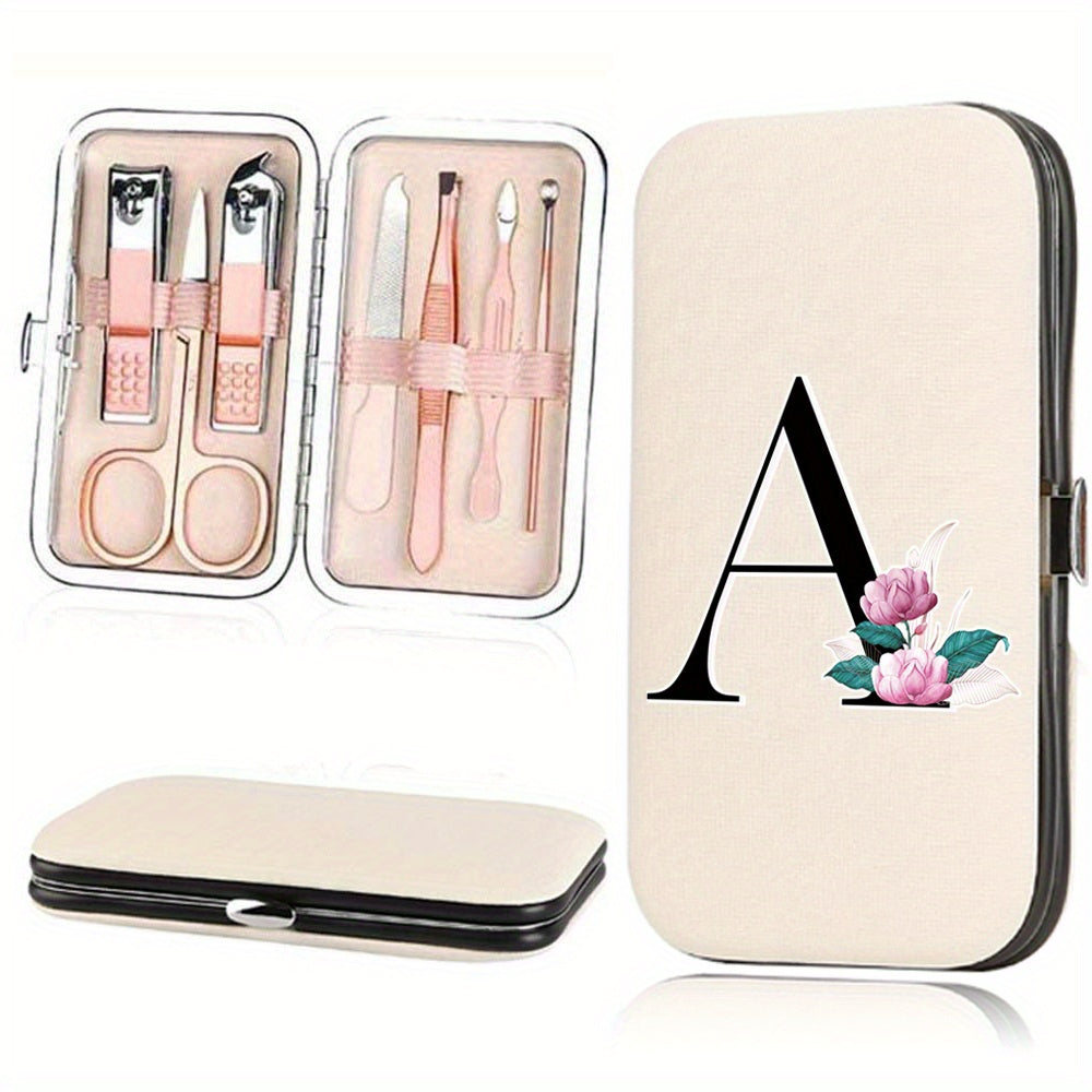 7-Piece Stainless Steel Nail Care Set with Faux Leather Organizer and White Marble Initial Design