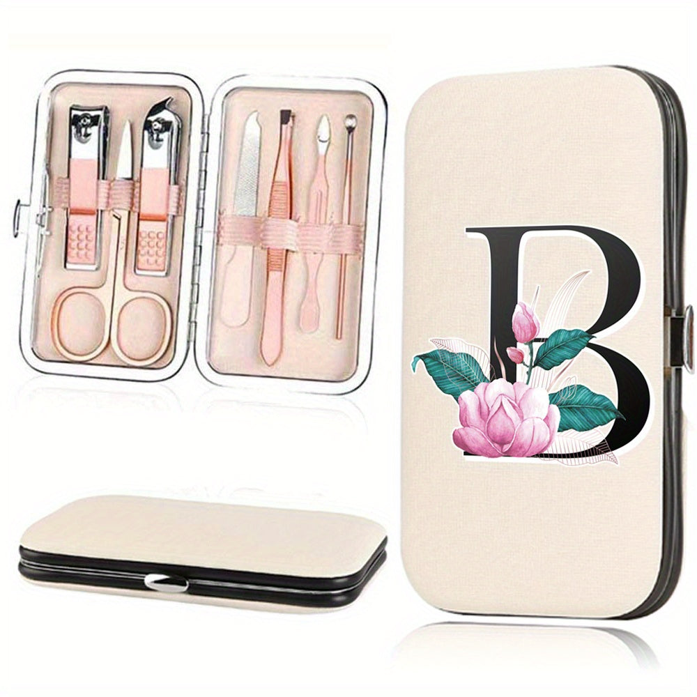 7-Piece Stainless Steel Nail Care Set with Faux Leather Organizer and White Marble Initial Design