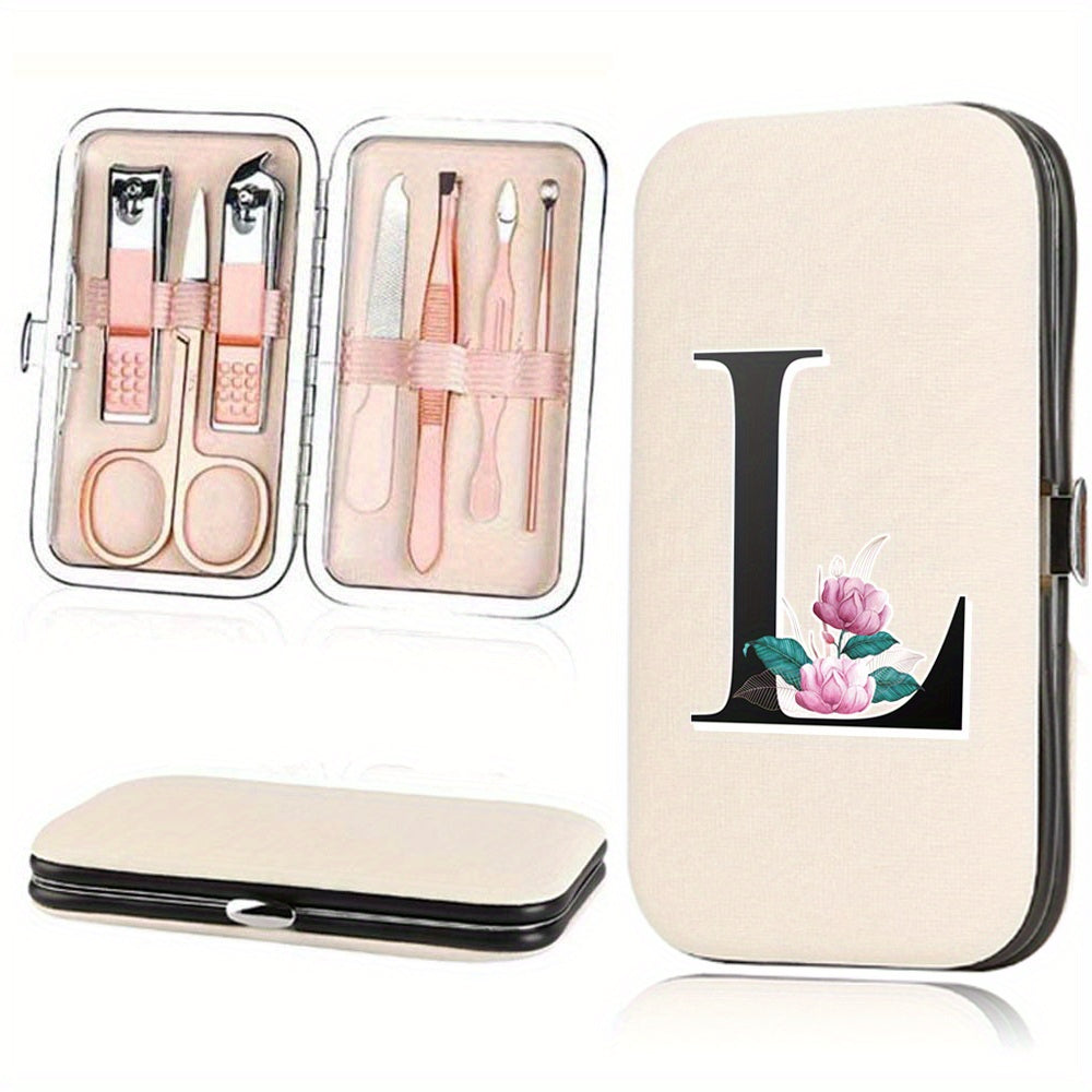 7-Piece Stainless Steel Nail Care Set with Faux Leather Organizer and White Marble Initial Design