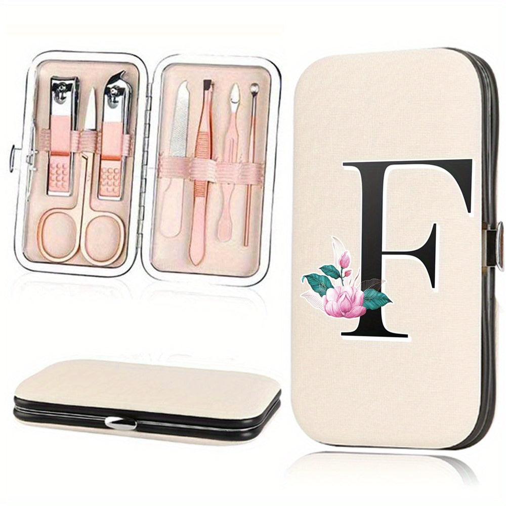 7-Piece Stainless Steel Nail Care Set with Faux Leather Organizer and White Marble Initial Design