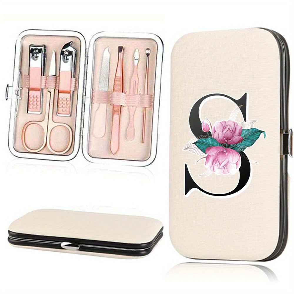 7-Piece Stainless Steel Nail Care Set with Faux Leather Organizer and White Marble Initial Design