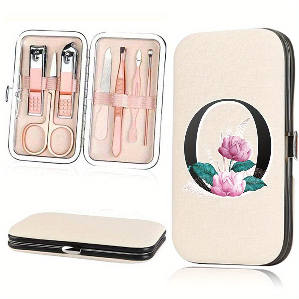 7-Piece Stainless Steel Nail Care Set with Faux Leather Organizer and White Marble Initial Design