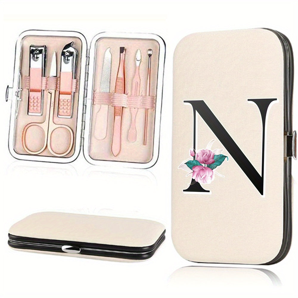 7-Piece Stainless Steel Nail Care Set with Faux Leather Organizer and White Marble Initial Design