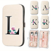 7-Piece Stainless Steel Nail Care Set with Faux Leather Organizer and White Marble Initial Design