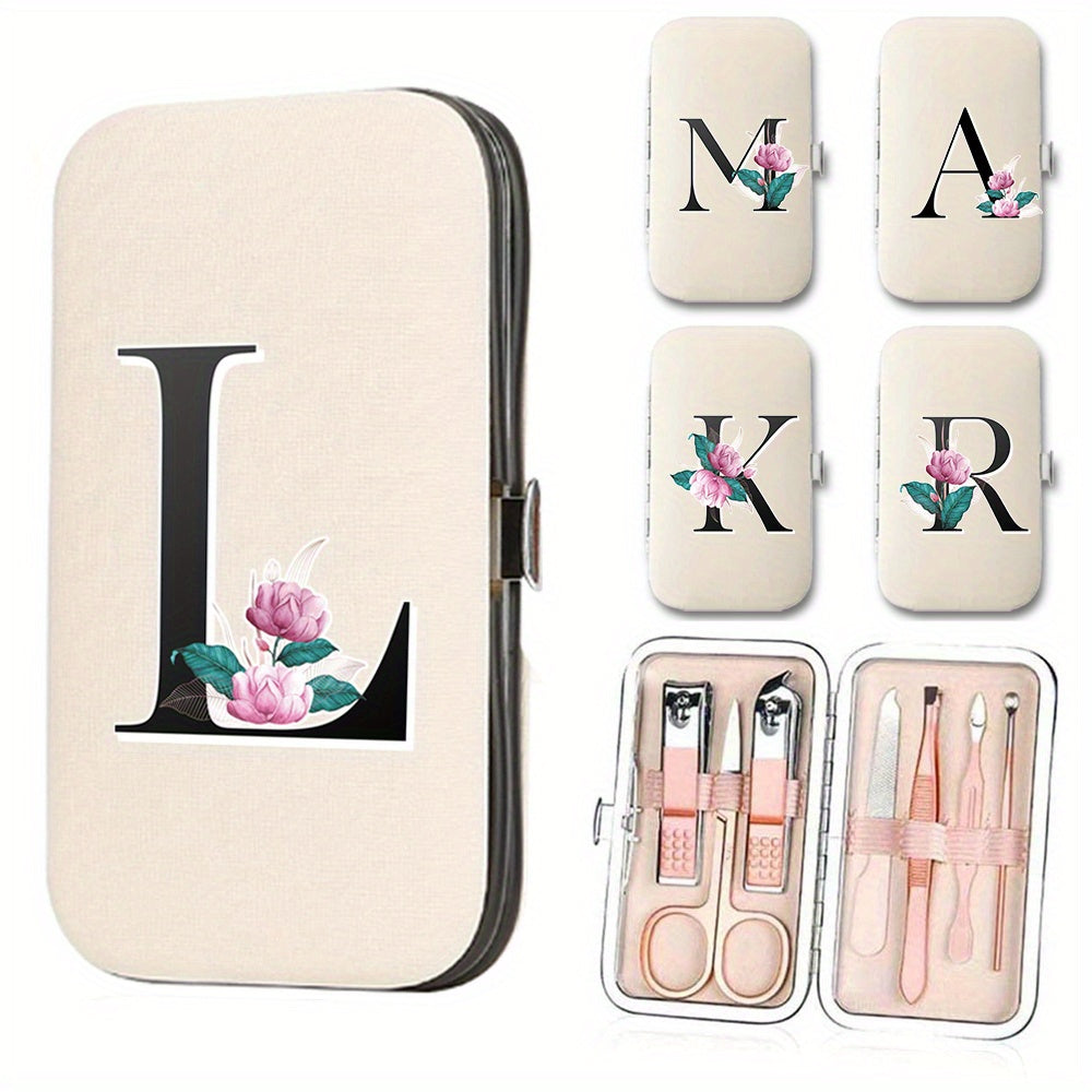 7-Piece Stainless Steel Nail Care Set with Faux Leather Organizer and White Marble Initial Design