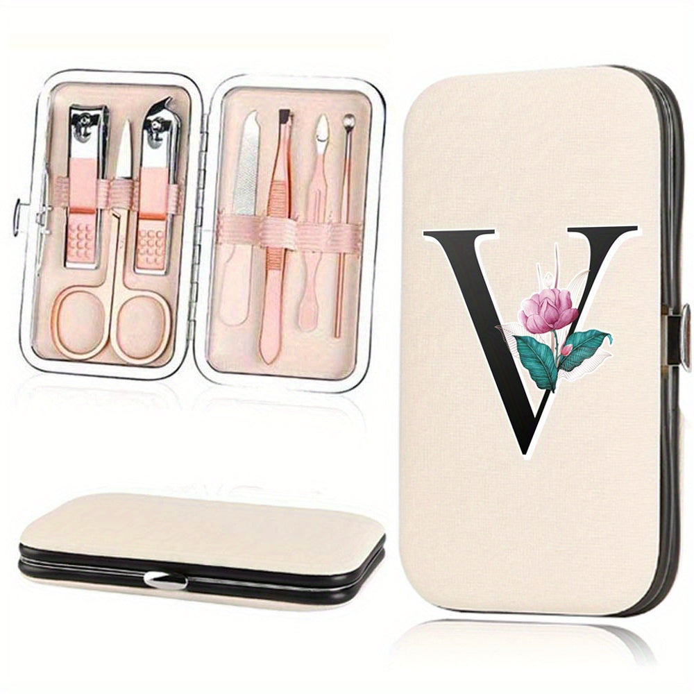 7-Piece Stainless Steel Nail Care Set with Faux Leather Organizer and White Marble Initial Design