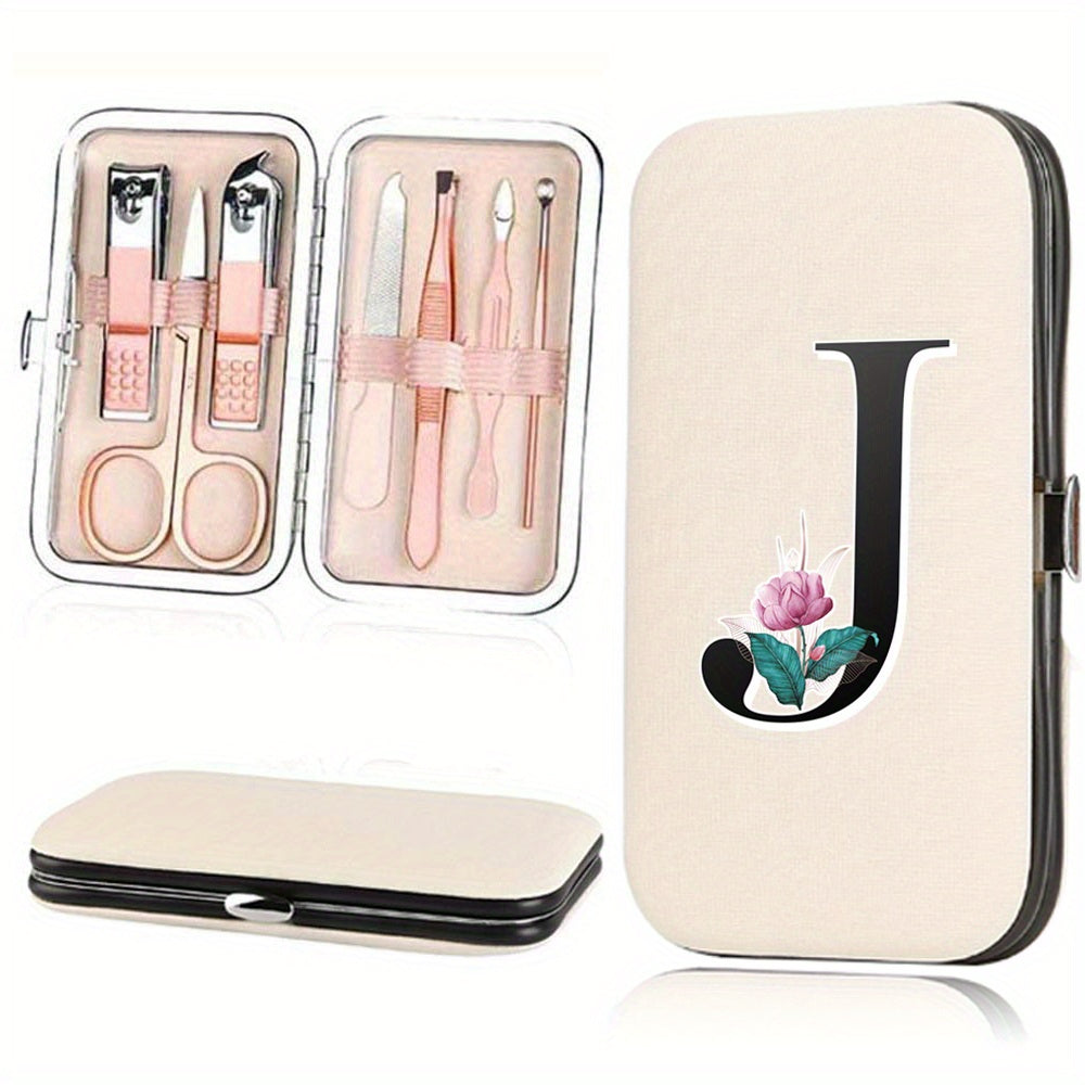 7-Piece Stainless Steel Nail Care Set with Faux Leather Organizer and White Marble Initial Design