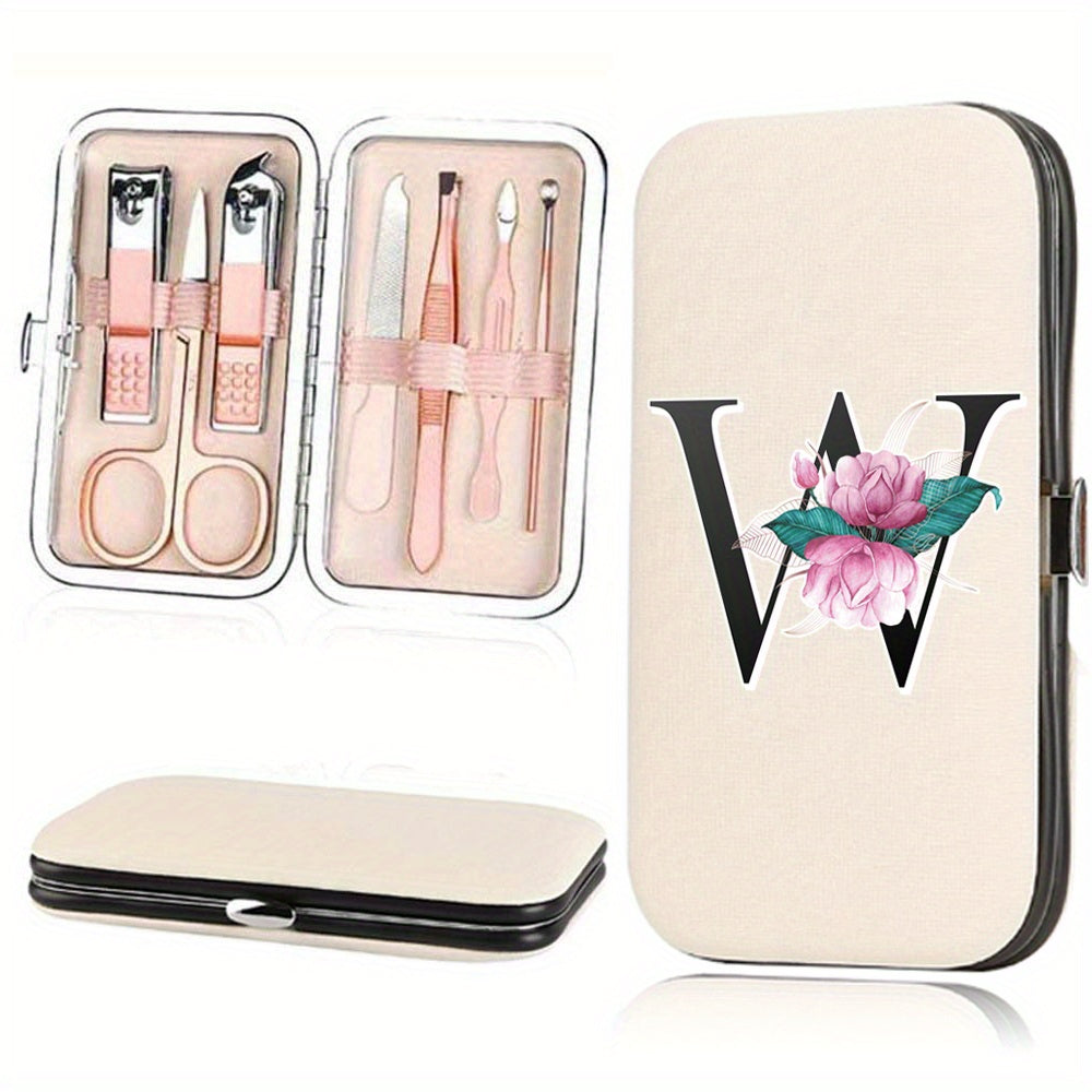 7-Piece Stainless Steel Nail Care Set with Faux Leather Organizer and White Marble Initial Design