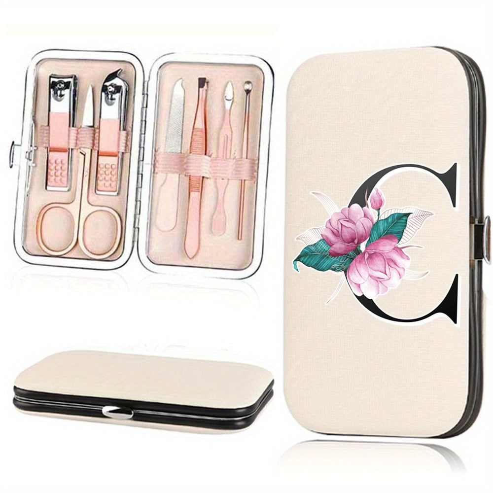 7-Piece Stainless Steel Nail Care Set with Faux Leather Organizer and White Marble Initial Design