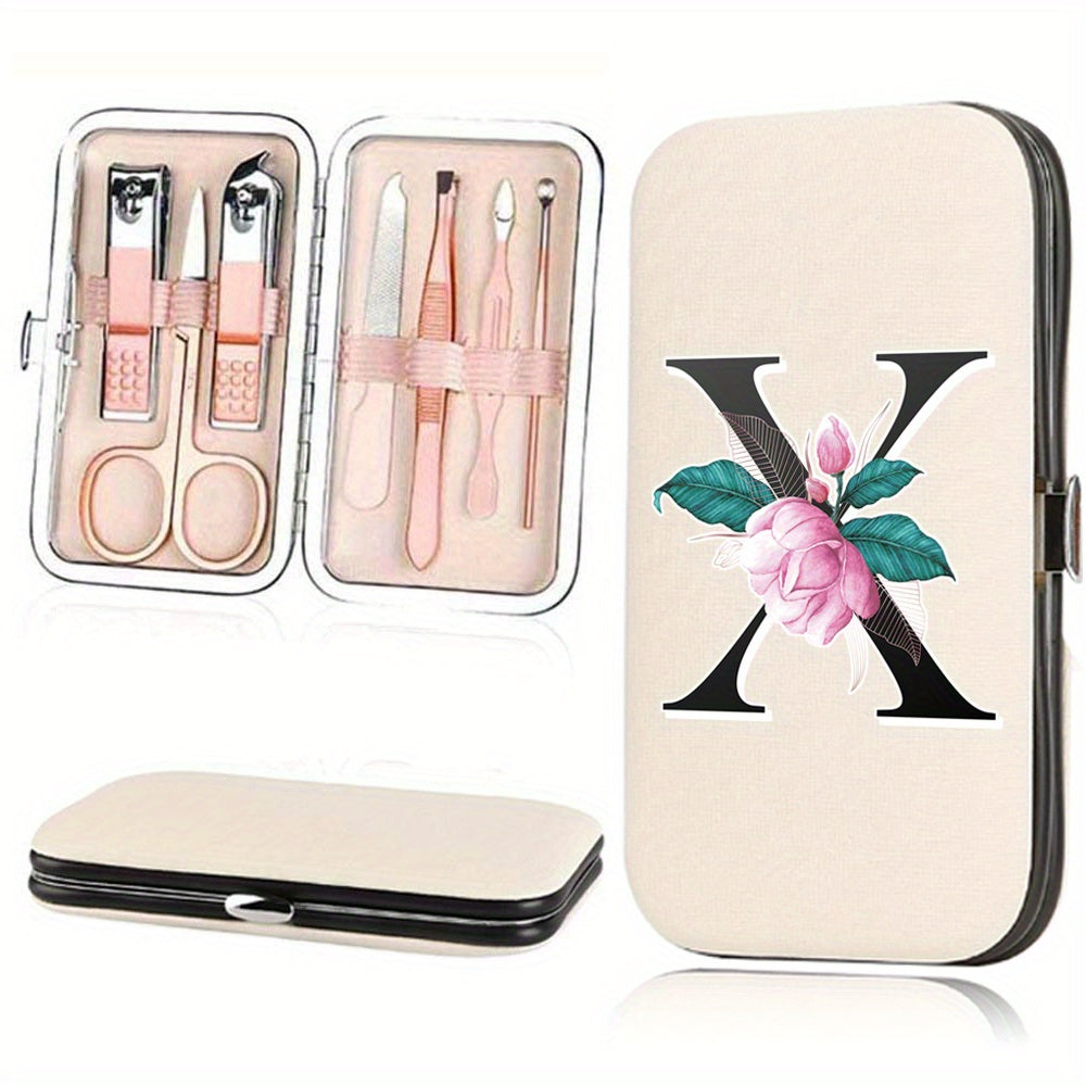 7-Piece Stainless Steel Nail Care Set with Faux Leather Organizer and White Marble Initial Design