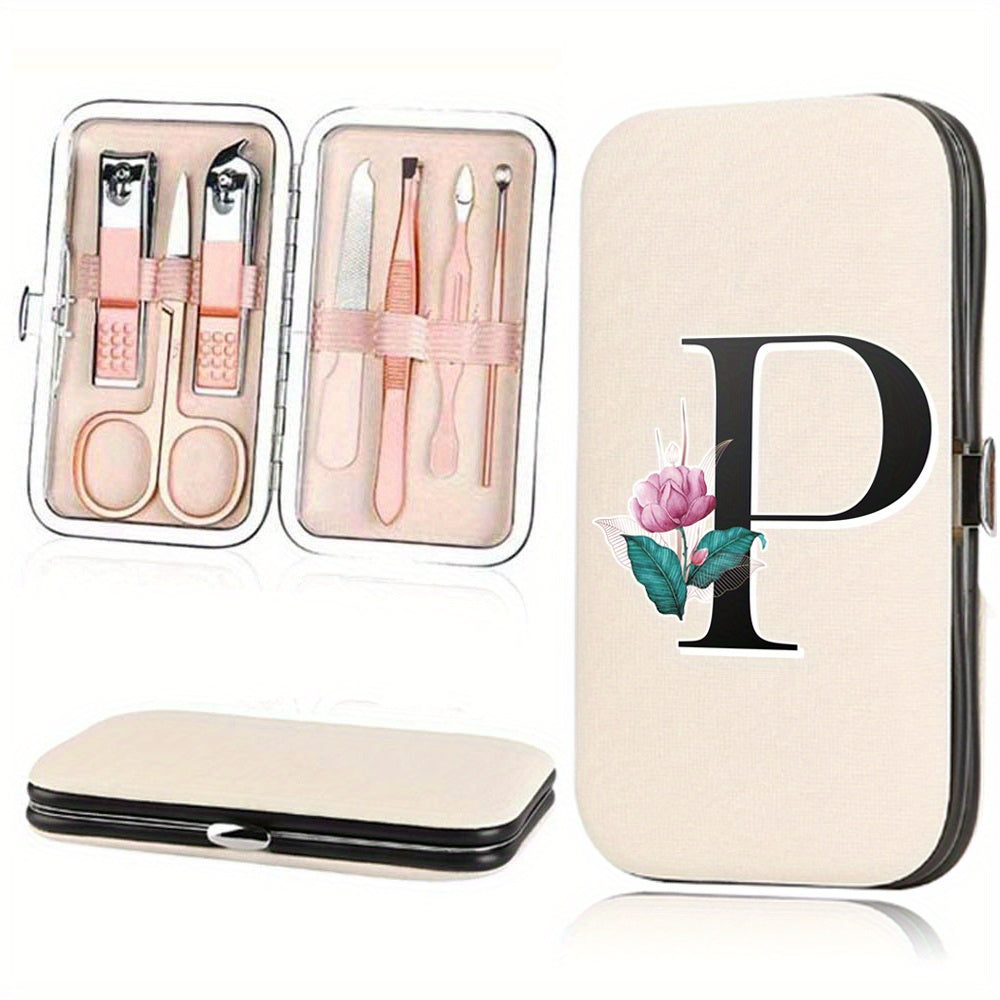 7-Piece Stainless Steel Nail Care Set with Faux Leather Organizer and White Marble Initial Design