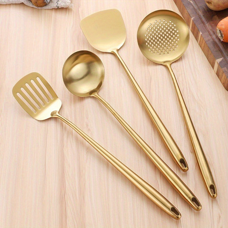 Set of 4 Golden Stainless Steel Kitchen Utensils Heat-Resistant Cooking and Serving