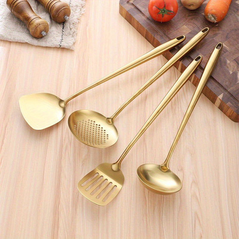 Set of 4 Golden Stainless Steel Kitchen Utensils Heat-Resistant Cooking and Serving