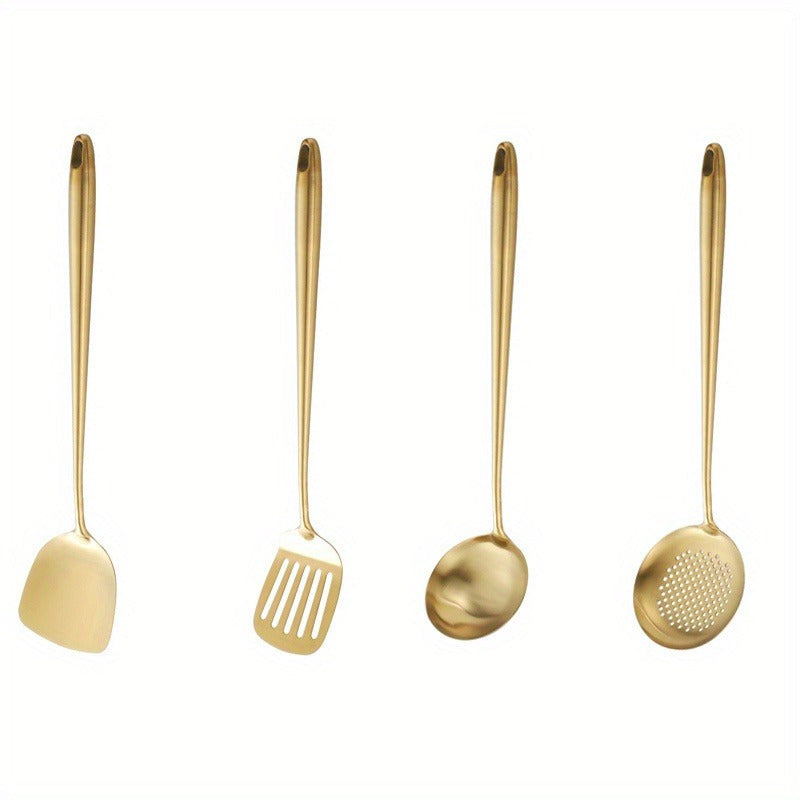 Set of 4 Golden Stainless Steel Kitchen Utensils Heat-Resistant Cooking and Serving
