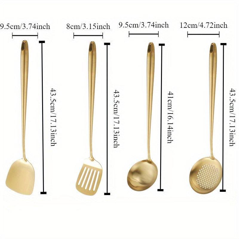 Set of 4 Golden Stainless Steel Kitchen Utensils Heat-Resistant Cooking and Serving