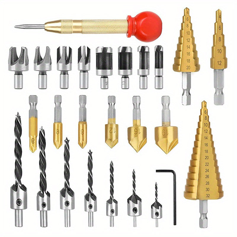 Stainless Steel Drill Bit Set with Tower Drill Center Punch Woodworking Counterbore and Plug Drills