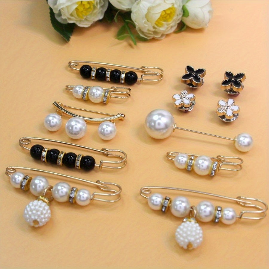 Assorted Artificial Pearl and Rhinestone Brooch Pins Set - Floral and Irregular Designs for Dresses and Accessories