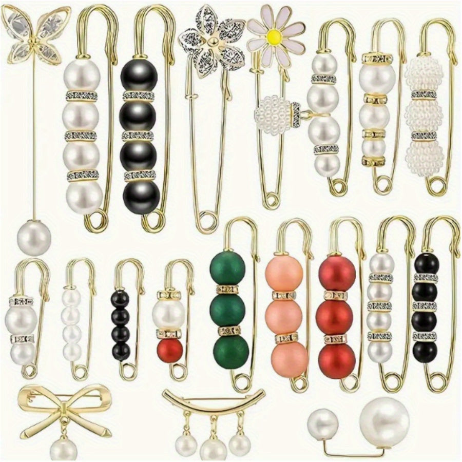 Assorted Artificial Pearl and Rhinestone Brooch Pins Set - Floral and Irregular Designs for Dresses and Accessories