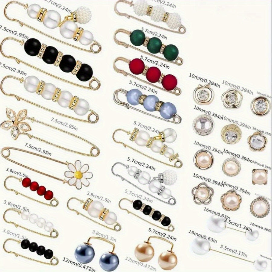 Assorted Artificial Pearl and Rhinestone Brooch Pins Set - Floral and Irregular Designs for Dresses and Accessories