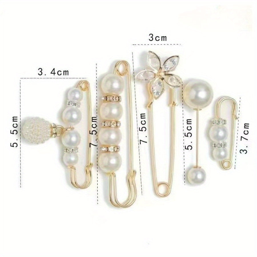 Assorted Artificial Pearl and Rhinestone Brooch Pins Set - Floral and Irregular Designs for Dresses and Accessories