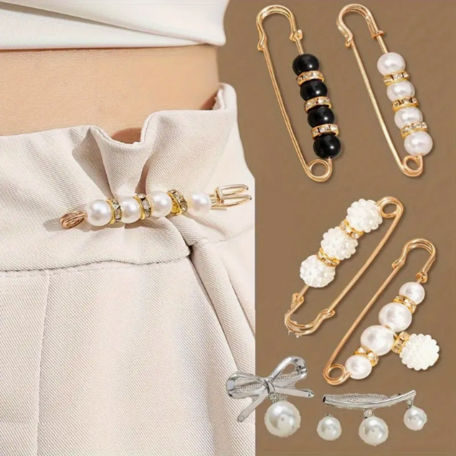 Assorted Artificial Pearl and Rhinestone Brooch Pins Set - Floral and Irregular Designs for Dresses and Accessories
