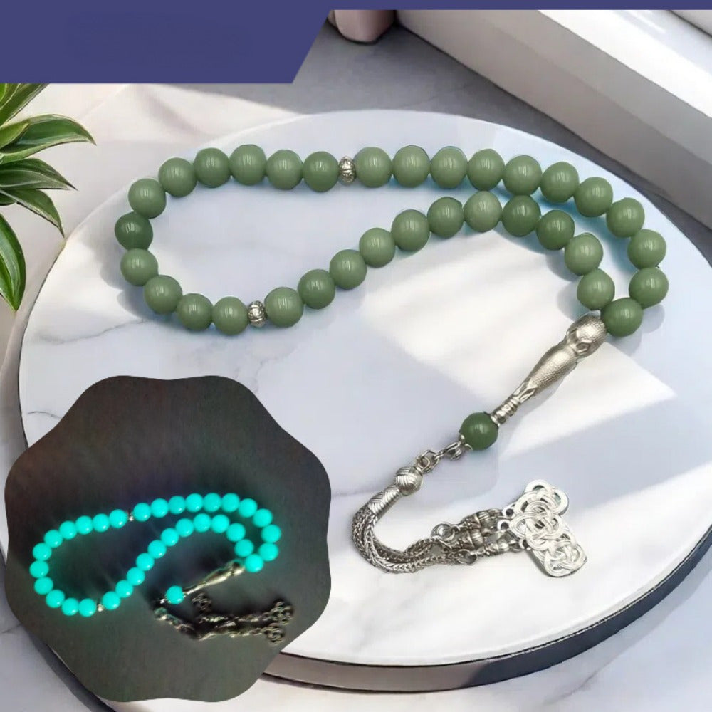 Glow in the Dark Prayer Beads 33 Natural Stone Tasbih Y-Necklace for Ramadan and Spiritual Wear
