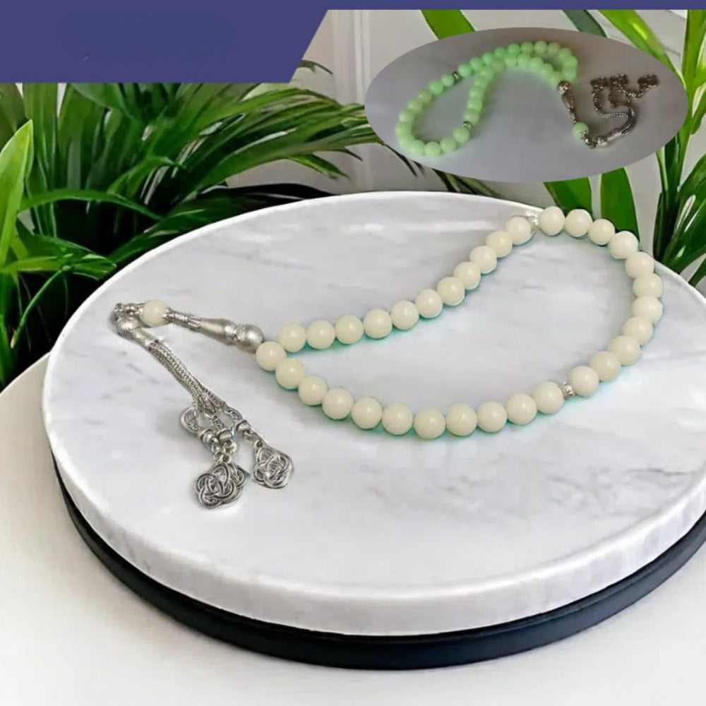 Glow in the Dark Prayer Beads 33 Natural Stone Tasbih Y-Necklace for Ramadan and Spiritual Wear
