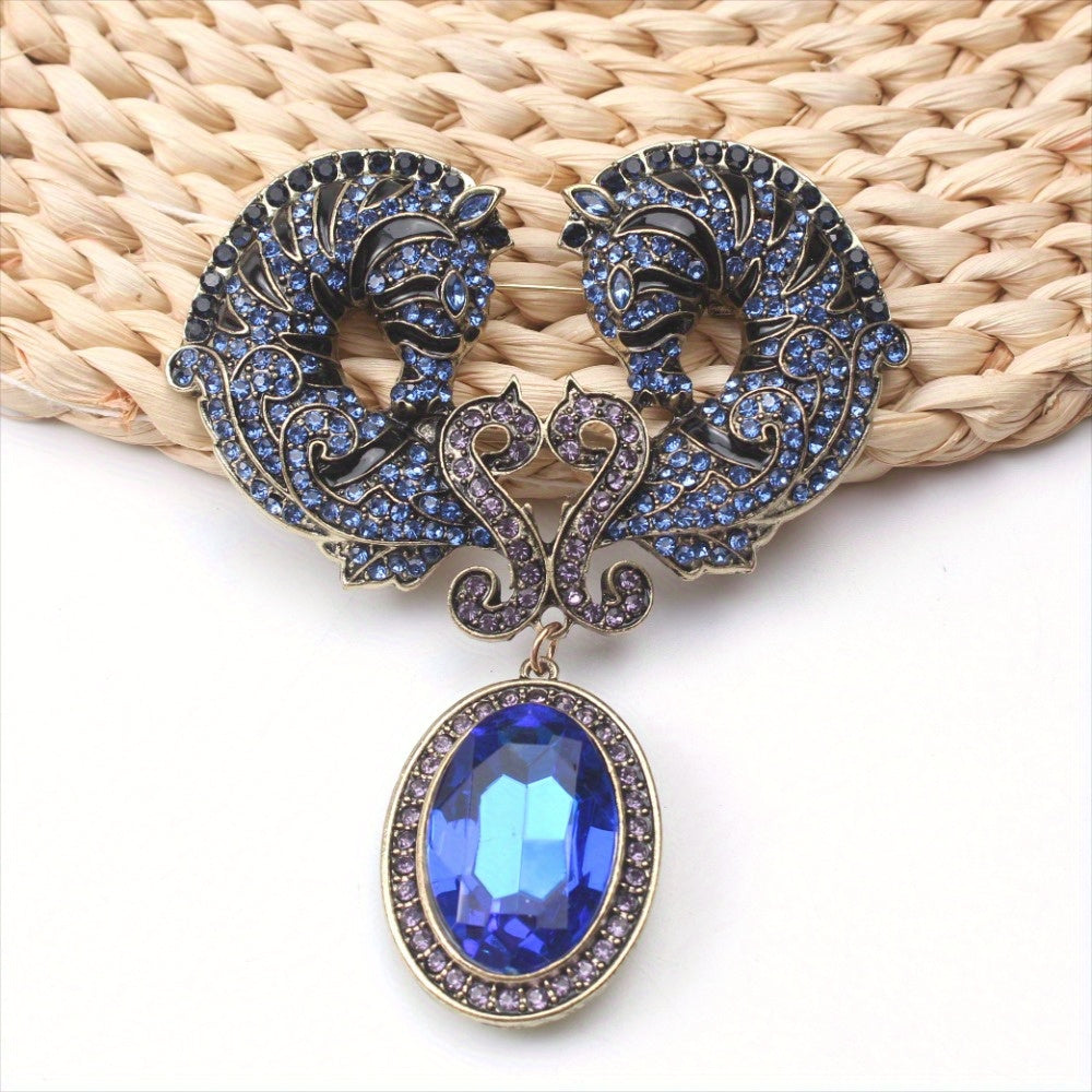 Vintage Seahorse Brooch with Rhinestones and Enamel for Women