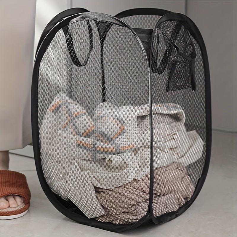 Mesh Laundry Basket with Pocket Rectangular Hamper for Home Dorm RV Durable Plastic