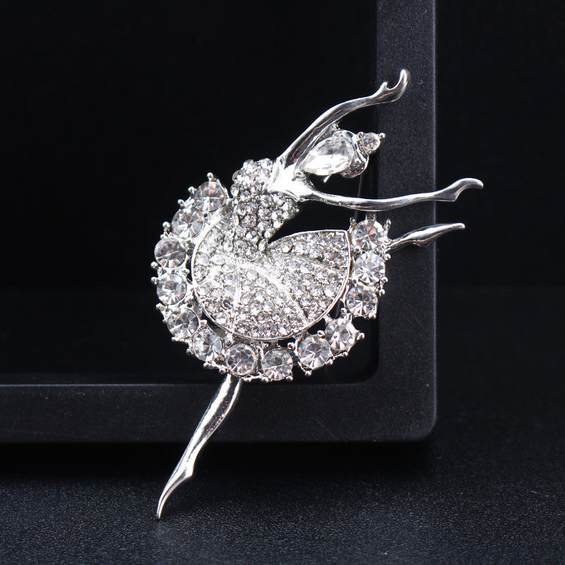 Vintage-Inspired Ballerina Girl Brooch with Rhinestones and Glittering Accents