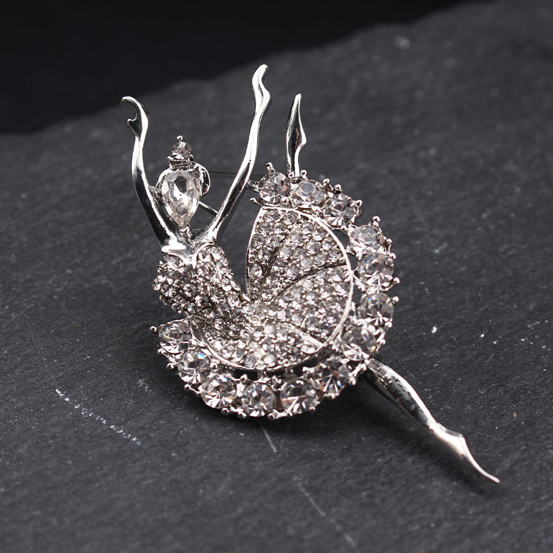Vintage-Inspired Ballerina Girl Brooch with Rhinestones and Glittering Accents