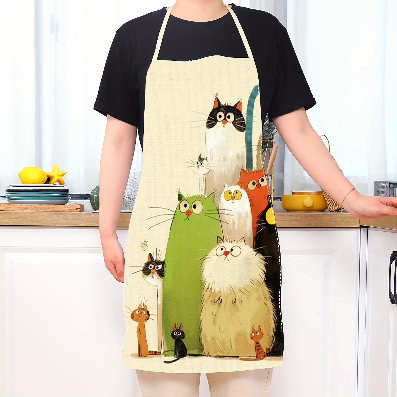Cartoon Cats Linen Apron Sleeveless Chef's Apron with Vibrant Feline Illustrations
