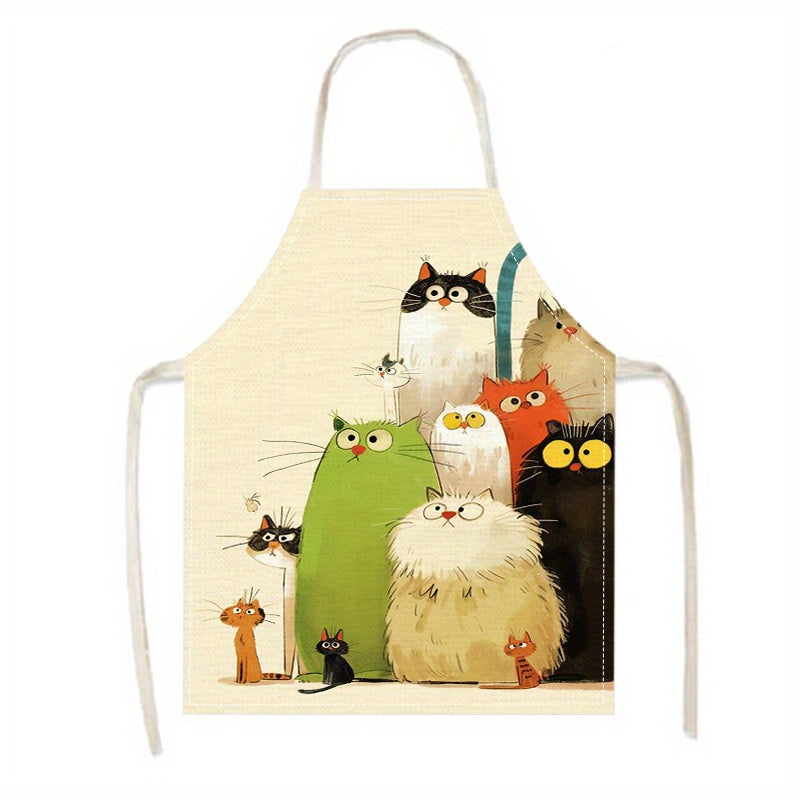 Cartoon Cats Linen Apron Sleeveless Chef's Apron with Vibrant Feline Illustrations