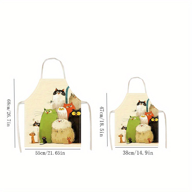 Cartoon Cats Linen Apron Sleeveless Chef's Apron with Vibrant Feline Illustrations