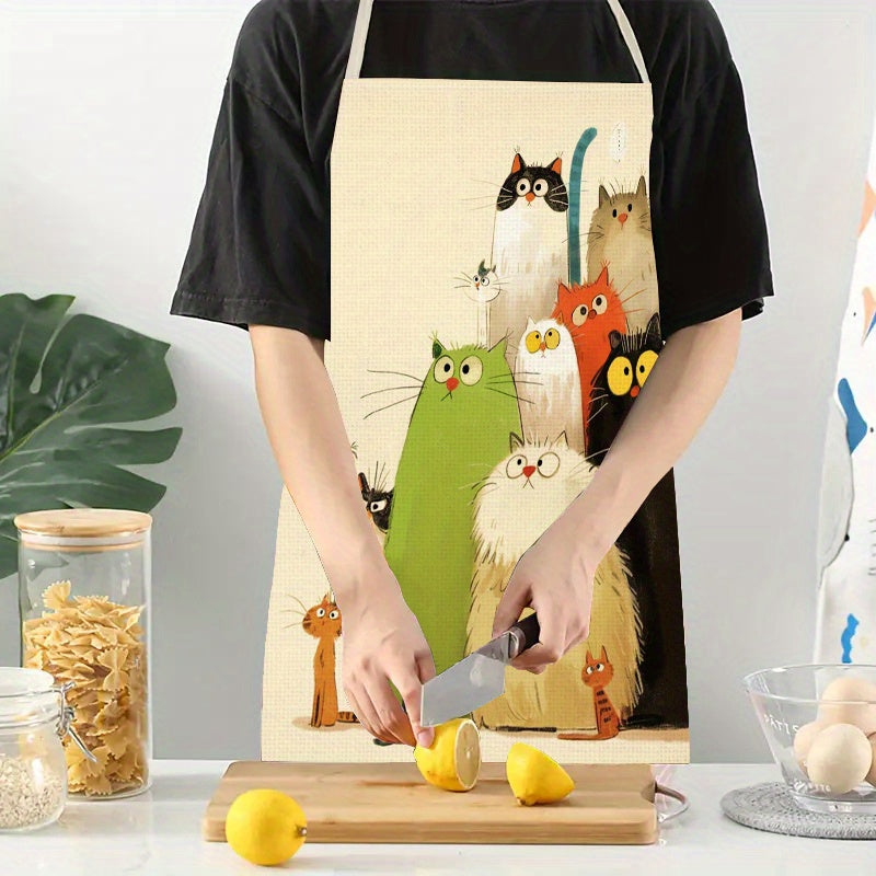 Cartoon Cats Linen Apron Sleeveless Chef's Apron with Vibrant Feline Illustrations