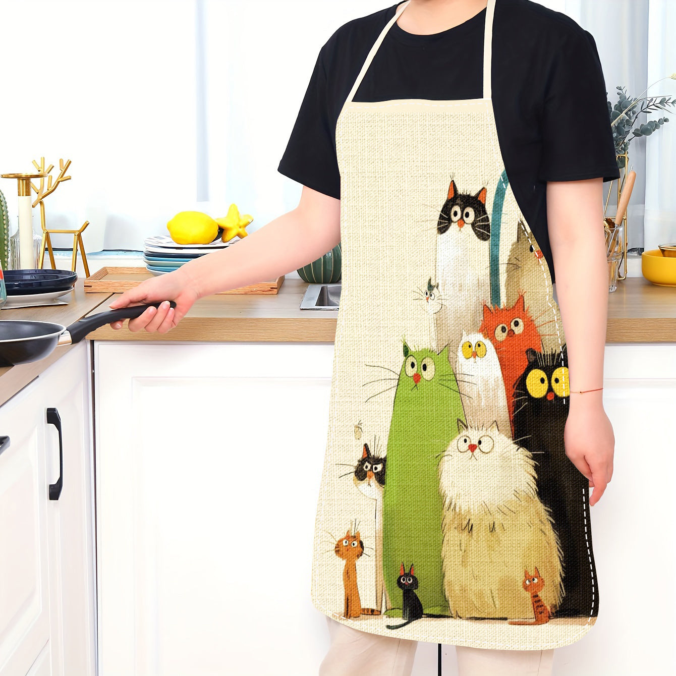 Cartoon Cats Linen Apron Sleeveless Chef's Apron with Vibrant Feline Illustrations