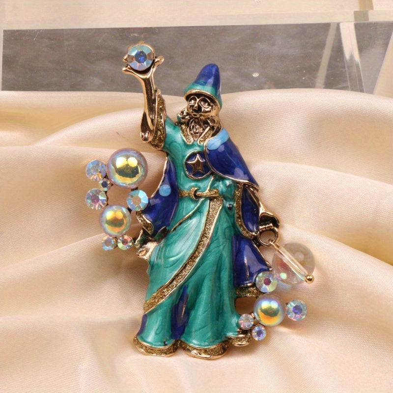 Vintage Enamel Crystal Sorcerer Brooch with Rhinestones Irregular Shape Fashion Accessory