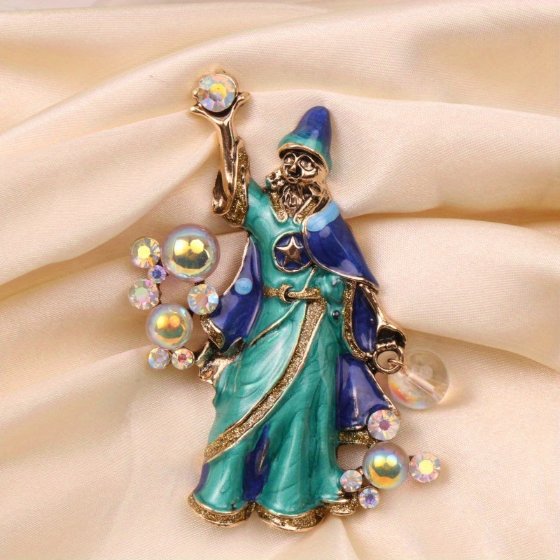 Vintage Enamel Crystal Sorcerer Brooch with Rhinestones Irregular Shape Fashion Accessory
