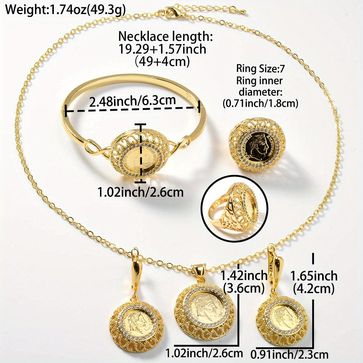 Vintage Jewelry Set with Synthetic Zirconia Hollow Design Necklace Earrings Bracelet Ring for Weddings Gifts