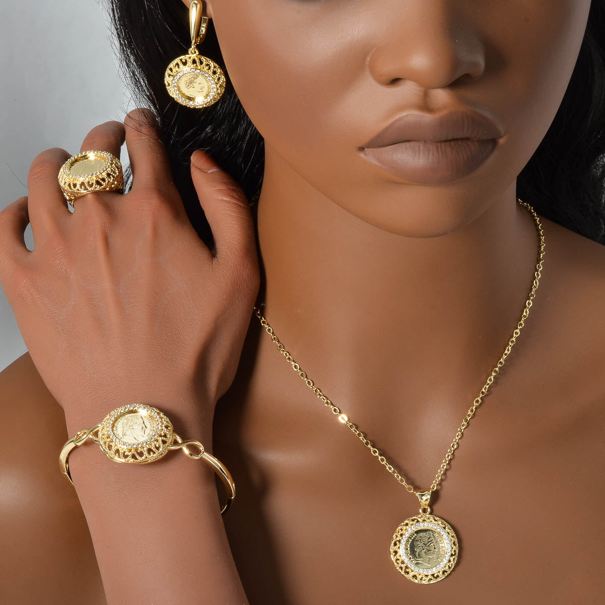 Vintage Jewelry Set with Synthetic Zirconia Hollow Design Necklace Earrings Bracelet Ring for Weddings Gifts