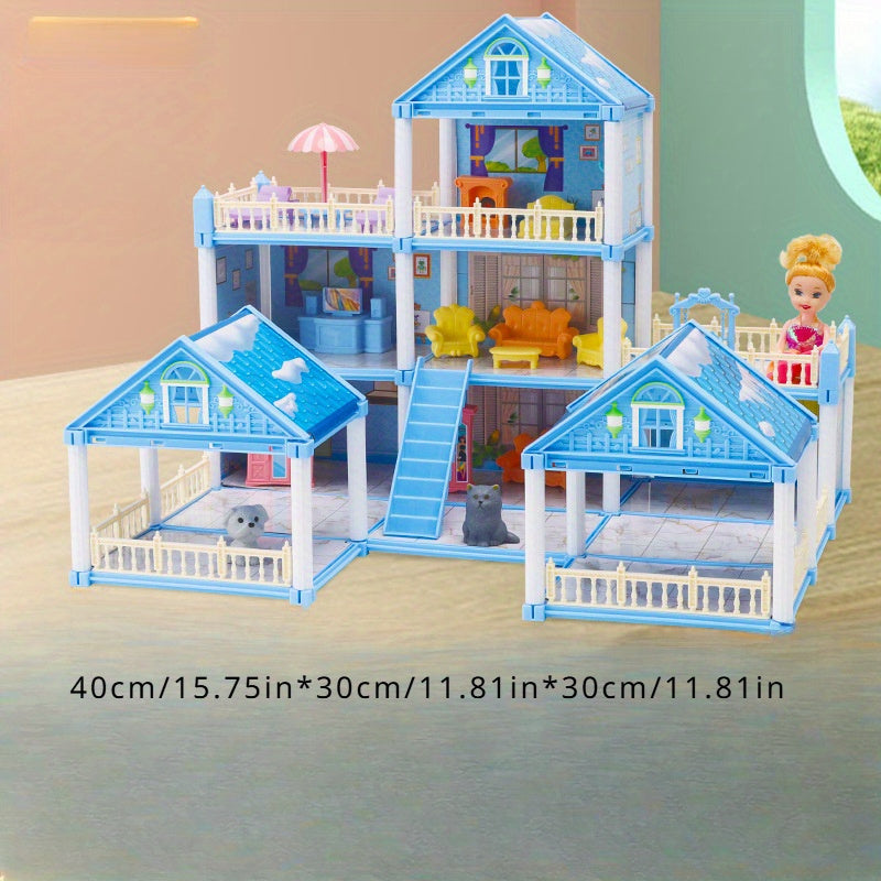 Qiz bolalar simulyatsiya xonasida, malika qasri villasiga o'xshash, qo'g'irchoq uy to'plami bilan o'ynayapti; tug'ilgan kun sovg'asi sifatida ideal.