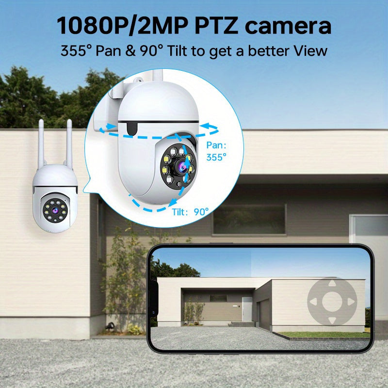 1080P Outdoor Security Camera with PTZ 355° Coverage Night Vision Motion Detection Two-Way Audio Wireless USB Powered