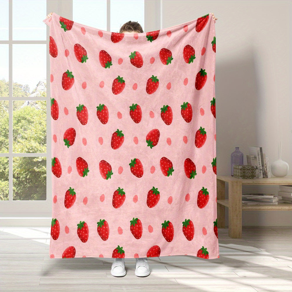 Strawberry Print Flannel Throw Blanket All-Season Plush Sofa Bed Travel