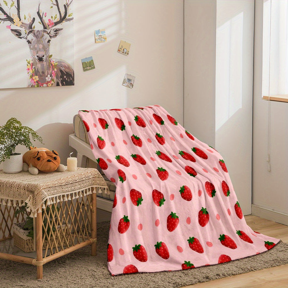 Strawberry Print Flannel Throw Blanket All-Season Plush Sofa Bed Travel