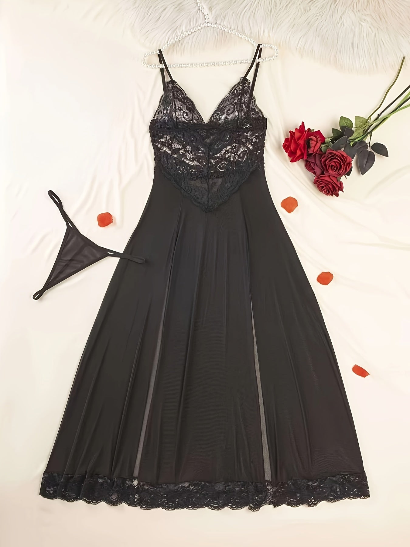 Women's Floral Lace Sleepwear Set Sheer Polyester Knit Lingerie Ensemble