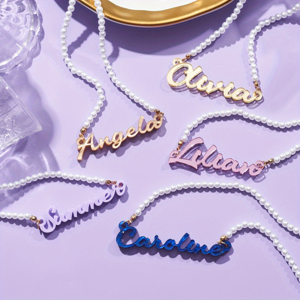 Personalized Acrylic Pearl Name Necklace for Women Engraved Pendant Birthdays Valentine