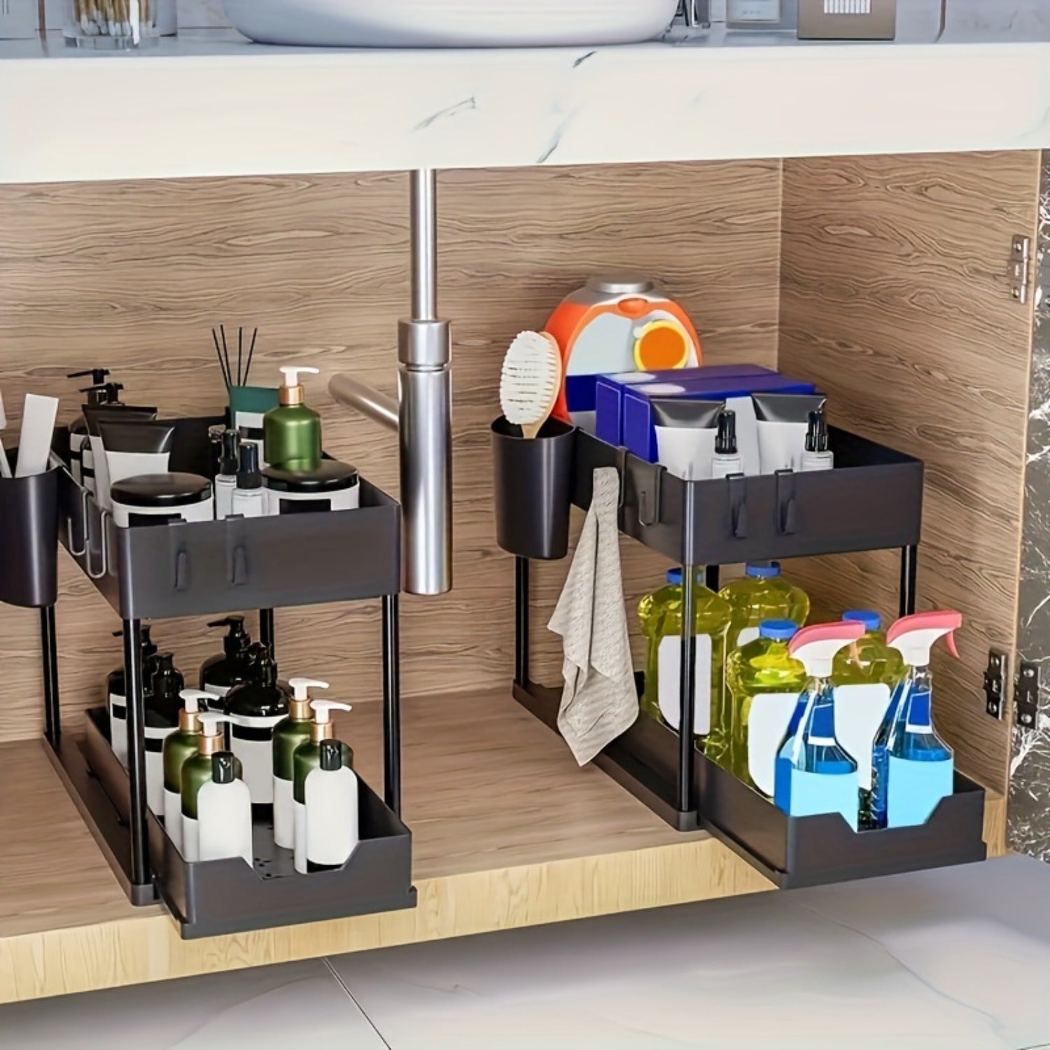 Plastic 2-Tier Under-Sink Organizer for Bathroom and Kitchen Storage
